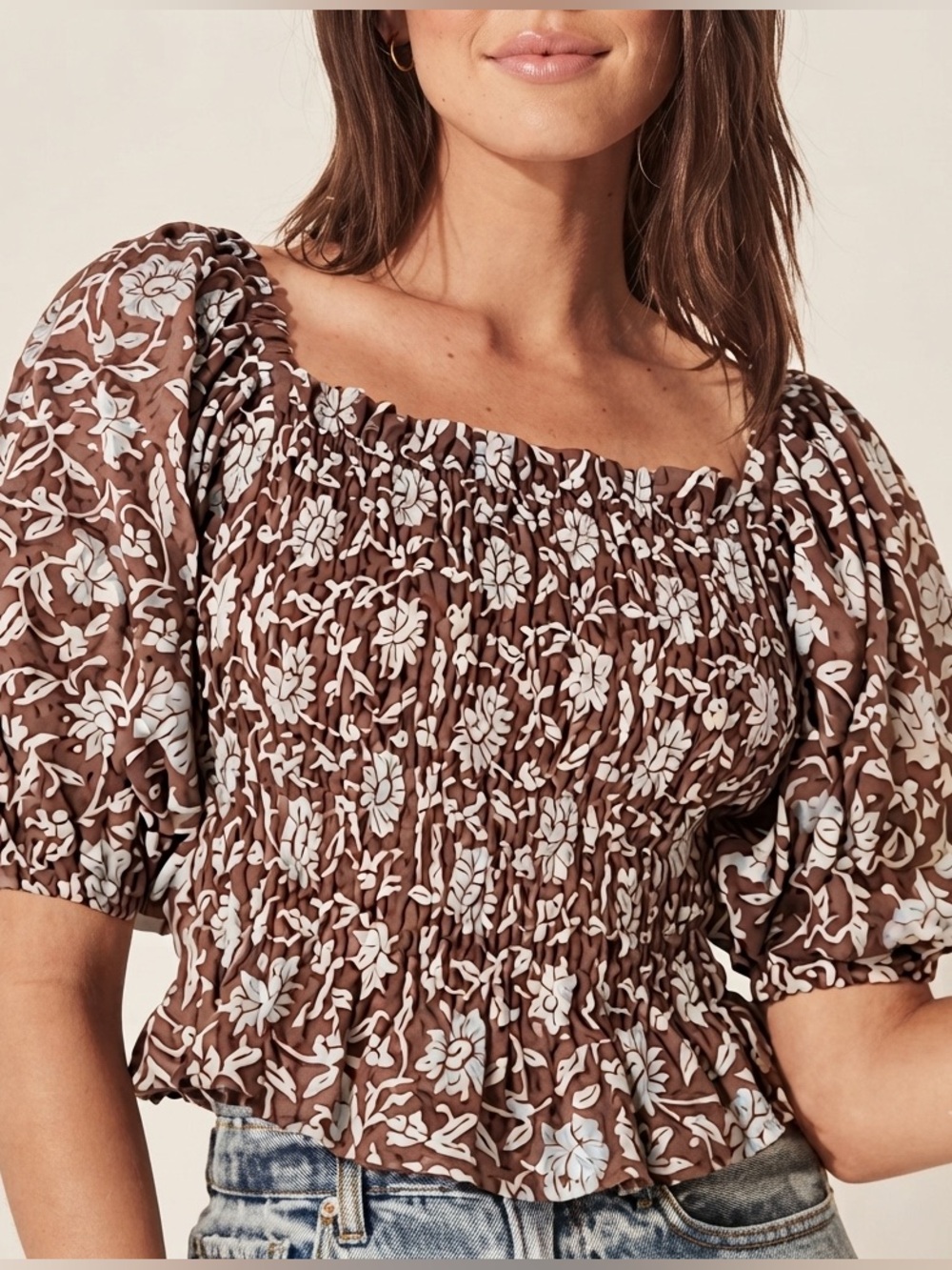 Daughters Of India Sz M Saira Brown Floral Boho Cotton Puff Sleeve Blouse